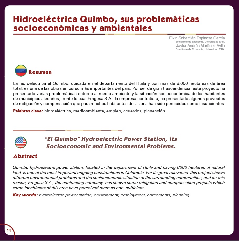 Portada de Hidroeléctrica Quimbo, sus problemáticas socioeconómicas y ambientales