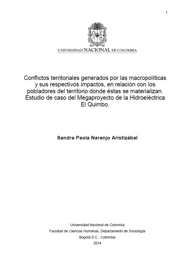 Portada de Conflictos territoriales generados por las macropolíticas y sus respectivos impactos, en relación con los pobladores del territorio donde éstas se materializan. Estudio de caso del Megaproyecto de la Hidroeléctrica El Quimbo.