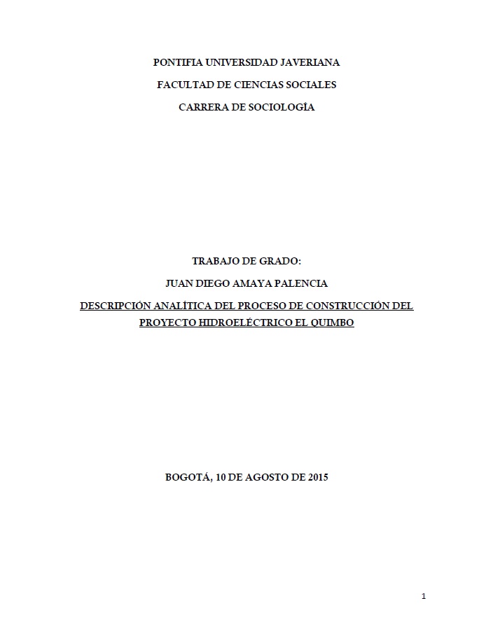 Portada de Descripción analítica del proceso de construcción del proyecto hidroeléctrico El Quimbo