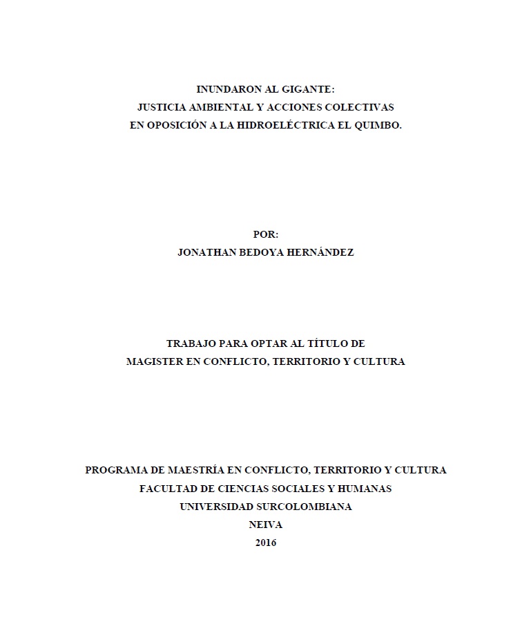 Portada de Inundaron al Gigante: justicia ambiental y acciones colectivas en oposición a la hidroeléctrica El Quimbo.