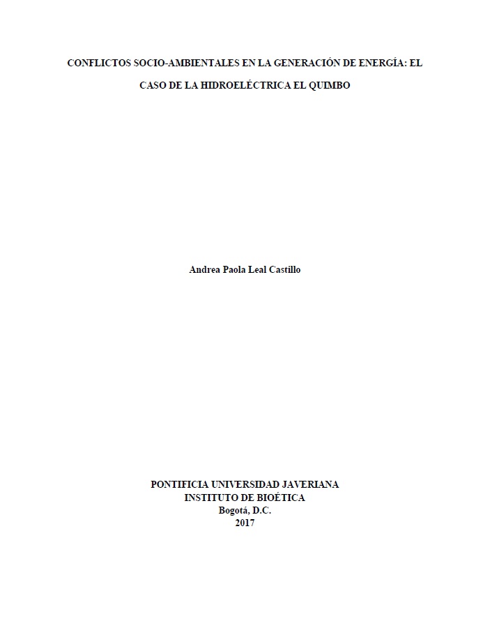 Portada de Análisis bioético de los Conflictos socio-ambientales en la generación de energía: el caso de la hidroeléctrica El Quimbo