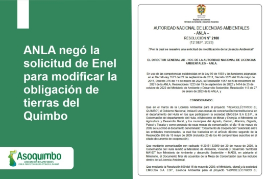 ANLA negó la solicitud de Enel para modificar la obligación de tierras del Quimbo