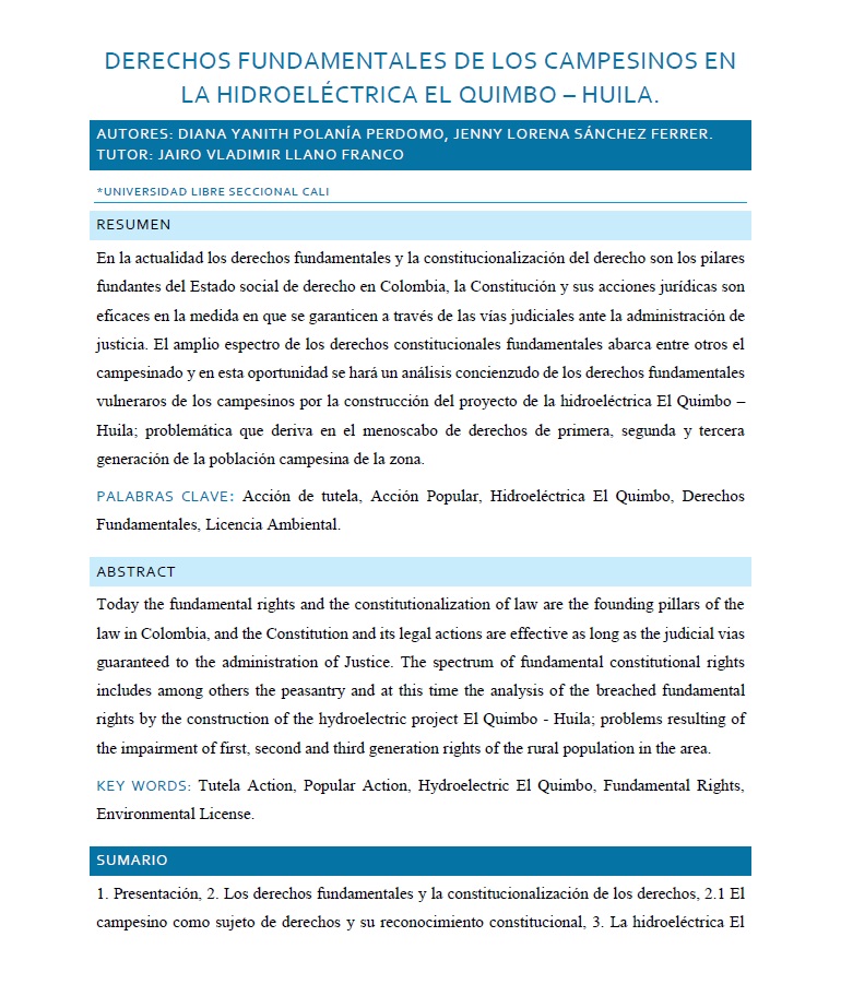 Portada de Derechos Fundamentales de los Campesinos en la hidroeléctrica El Quimbo – Huila.