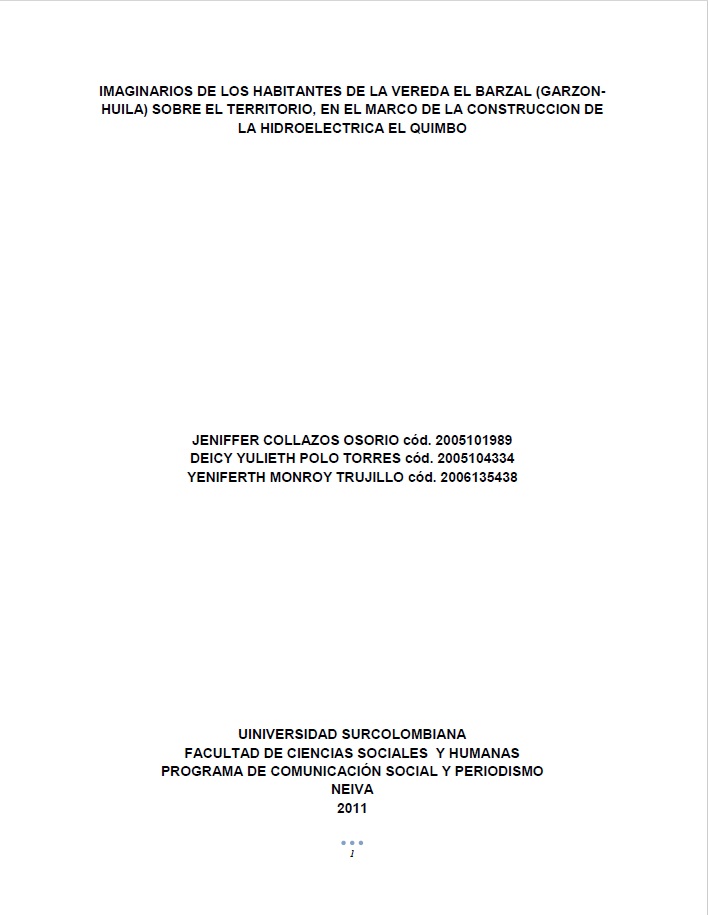 Portada de Imaginarios de los habitantes de la vereda el Barzal (Garzón-Huila) sobre el territorio, en el marco de la construcción de la hidroeléctrica el Quimbo